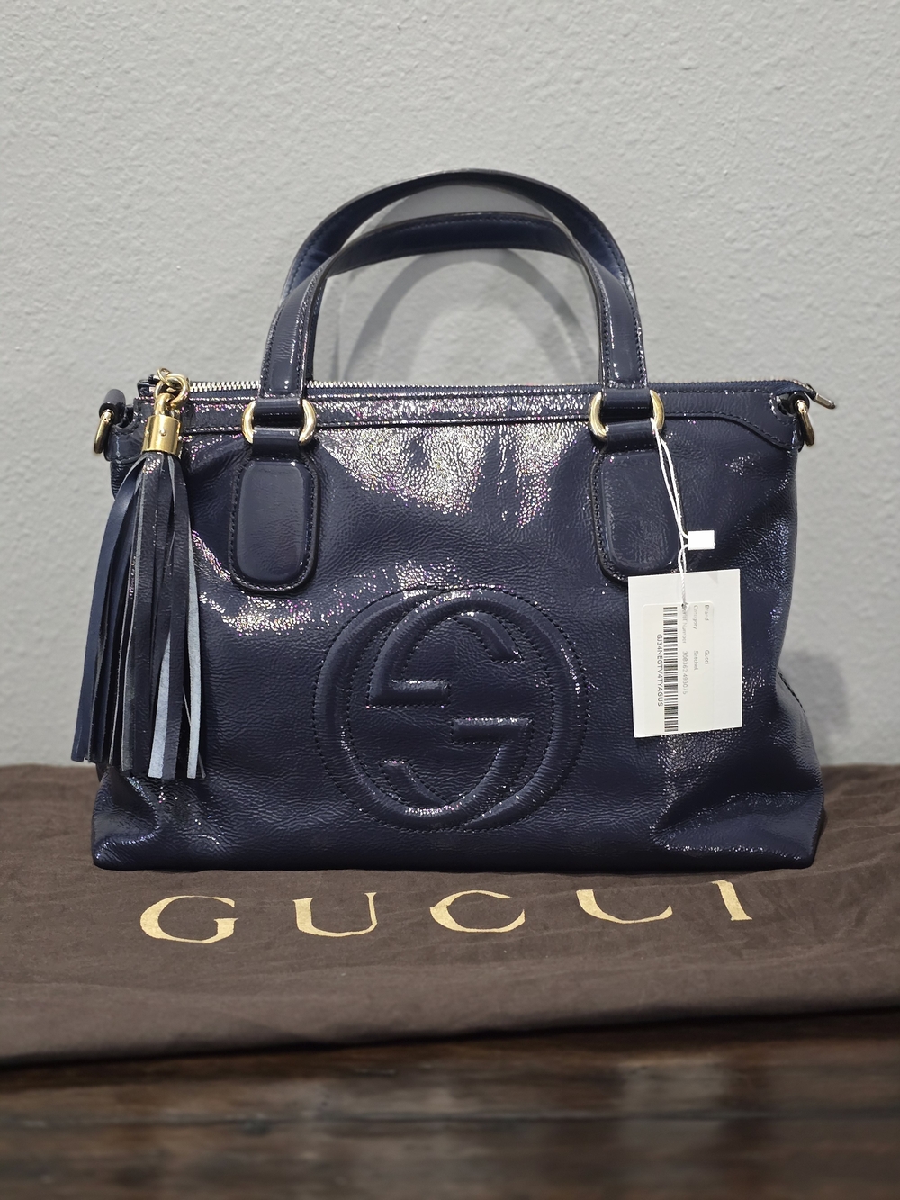 Gucci Navy Patent Leather Medium Top-Handle Bag with Tassel